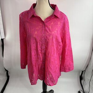 Christopher & Banks Women's Large Pink Burnout Leaf 3/4 Sleeve Button-Front